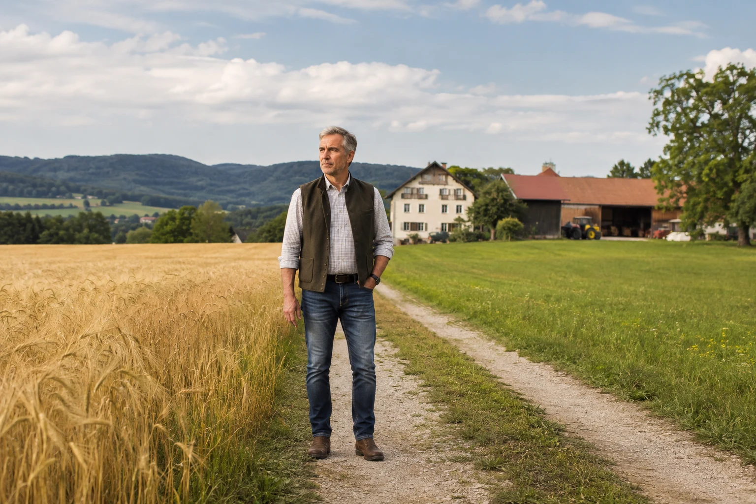 Österreichischer Grundeigentümer an einer gepflegten Acker- und Grünlandgrenze